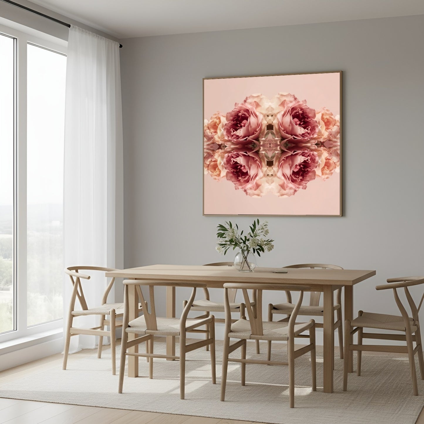 Rose Reflection art print with mirrored blush roses, modern botanical wall decor in Scandinavian dining room
