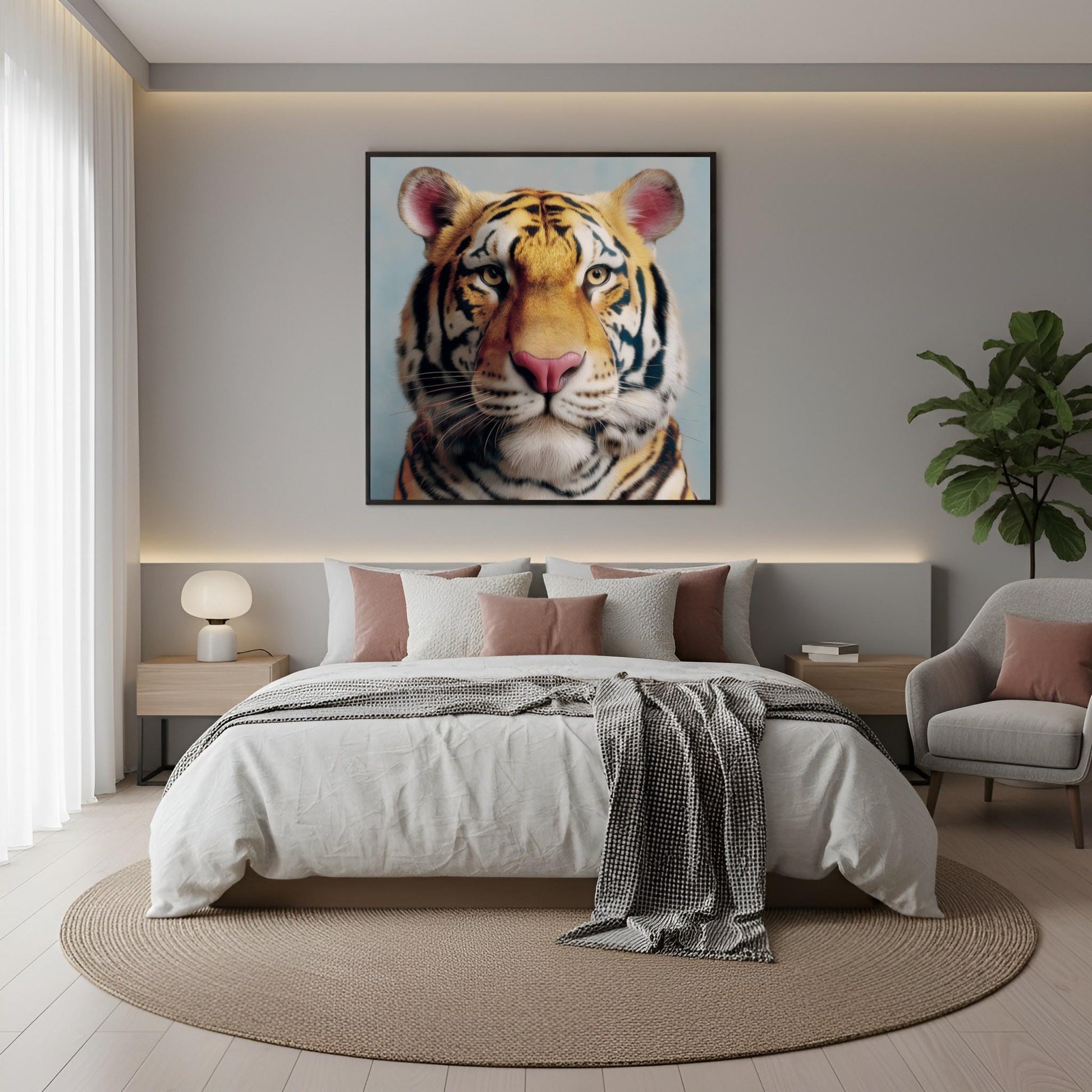 Tiger portrait pastel wall art print — bold safari wildlife artwork in soft pastel tones in boho bedroom