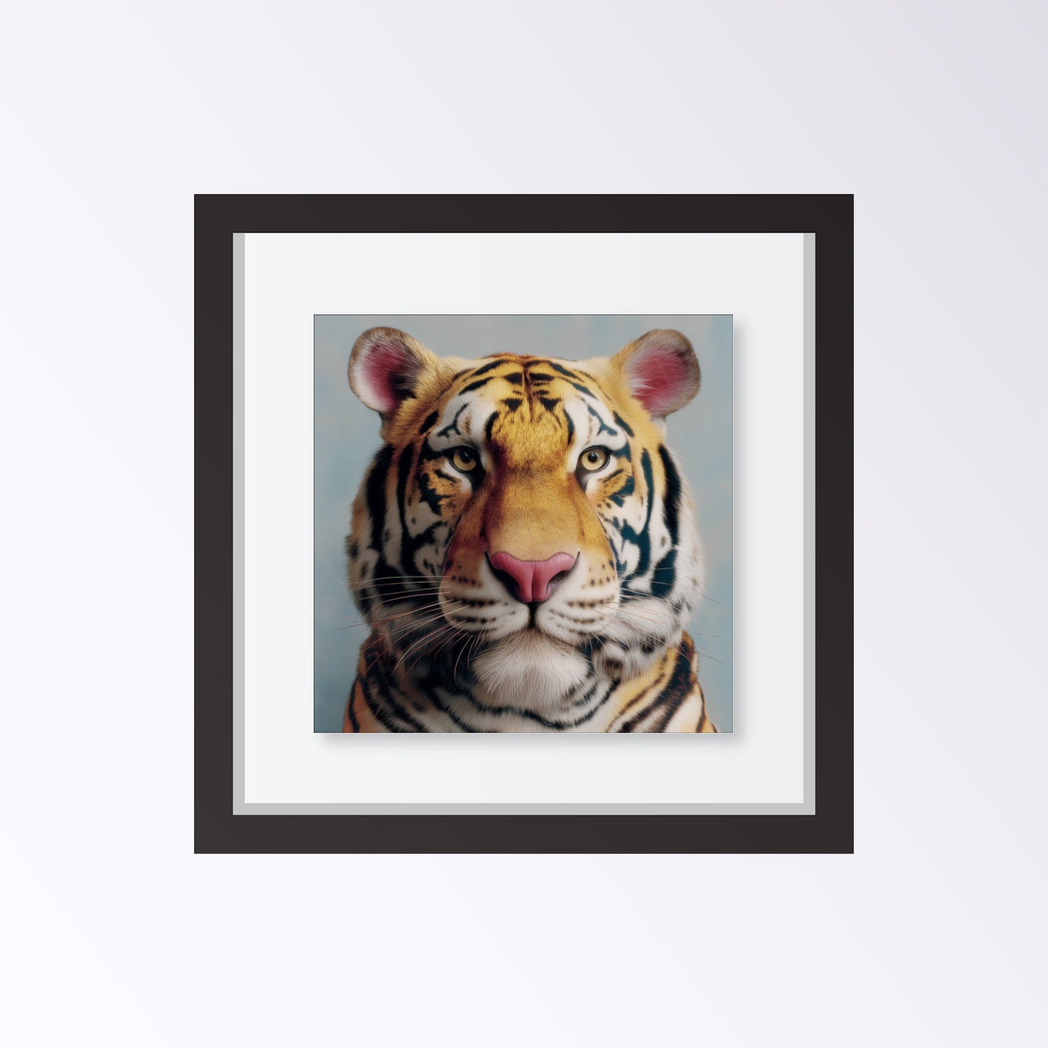 Tiger portrait pastel wall art print — bold safari wildlife artwork in soft pastel tones framed black