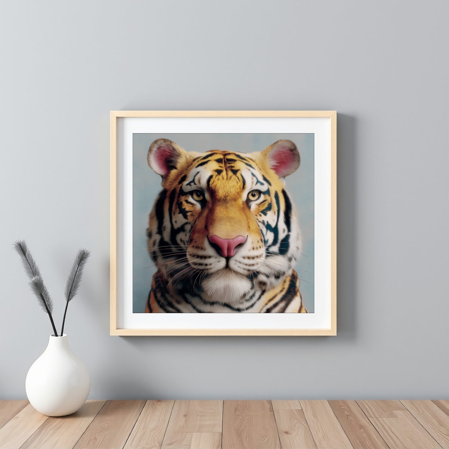 Tiger portrait pastel wall art print — bold safari wildlife artwork in soft pastel tones framed white