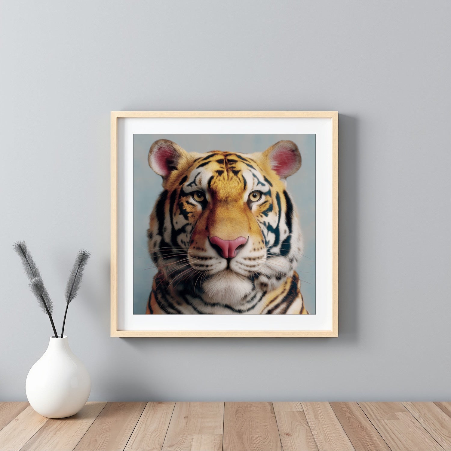 Tiger portrait pastel wall art print — bold safari wildlife artwork in soft pastel tones framed white