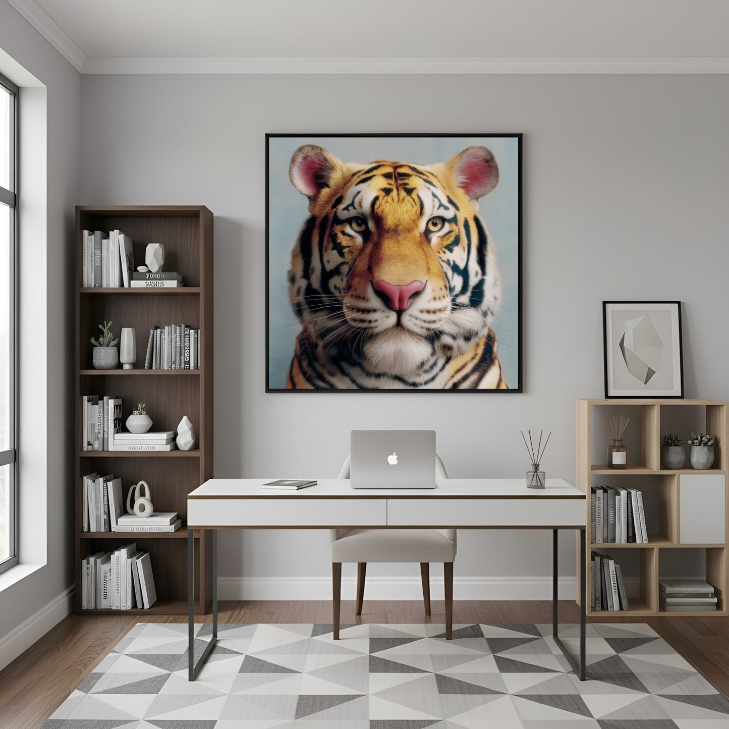 Tiger portrait pastel wall art print — bold safari wildlife artwork in soft pastel tones in home office