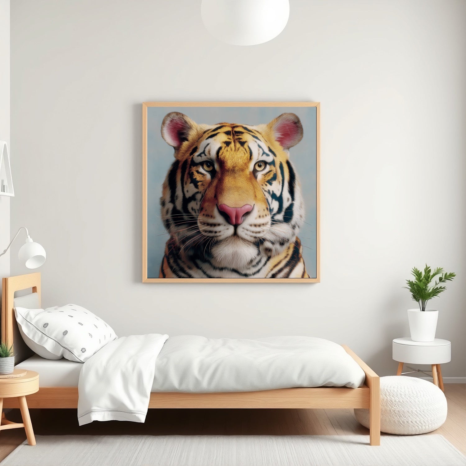 Tiger portrait pastel wall art print — bold safari wildlife artwork in soft pastel tones in kids room