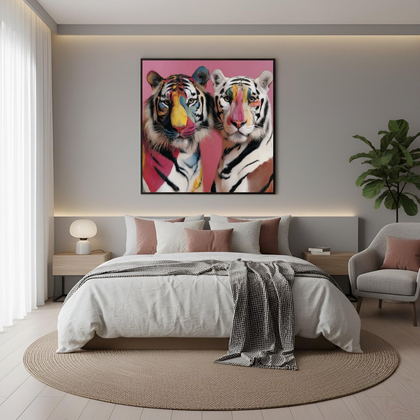 Twin tigers modern wall art print — symmetrical safari wildlife artwork with pastel floral accents in the boho bedroom