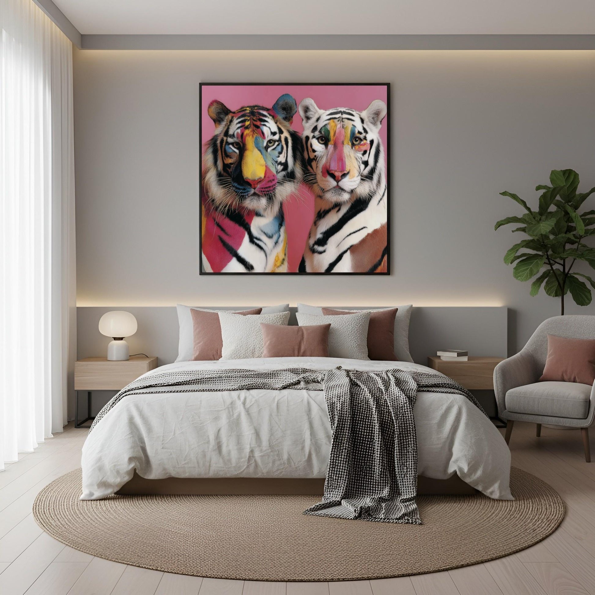 Twin tigers modern wall art print — symmetrical safari wildlife artwork with pastel floral accents in the boho bedroom