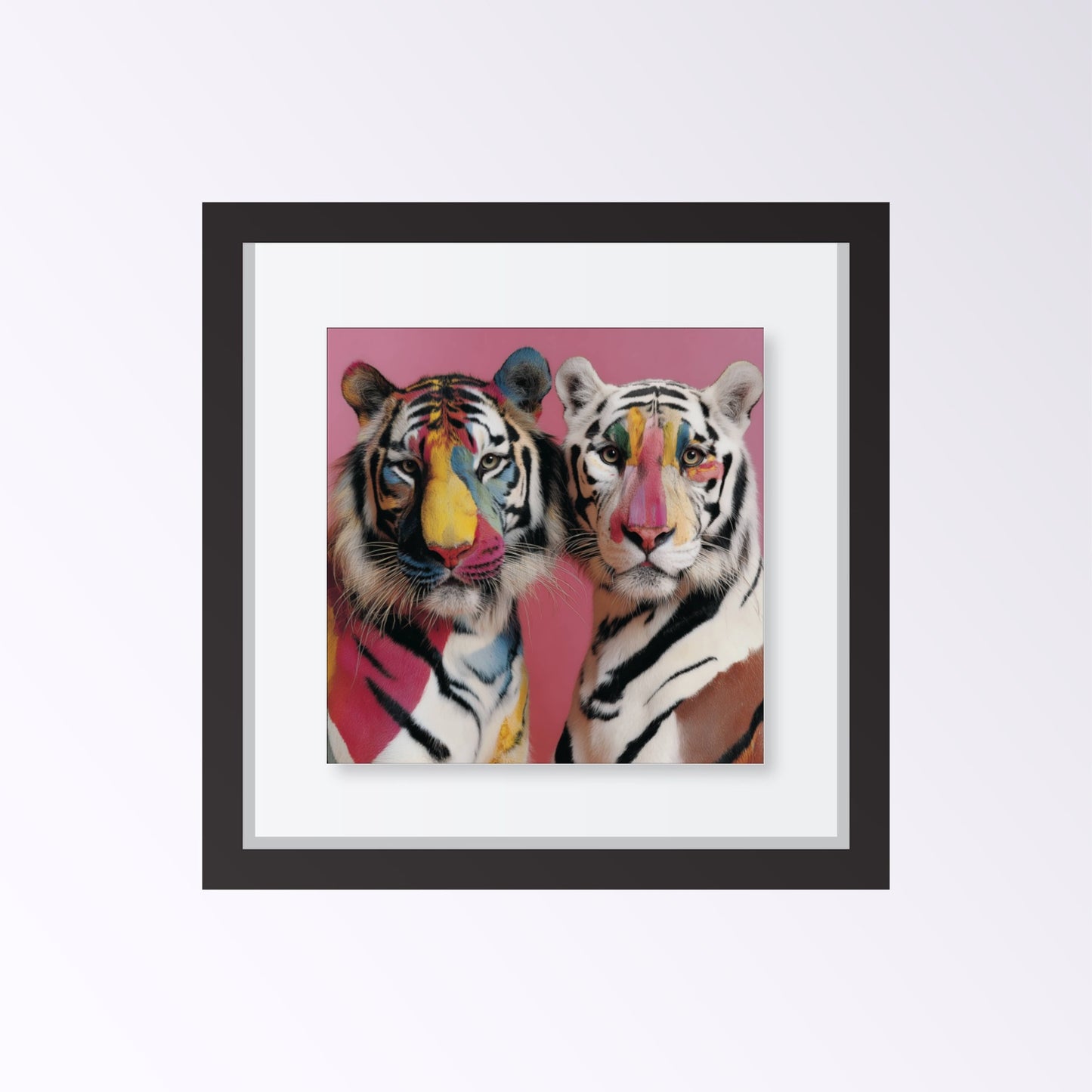 Twin tigers modern wall art print — symmetrical safari wildlife artwork with pastel floral accents framed black