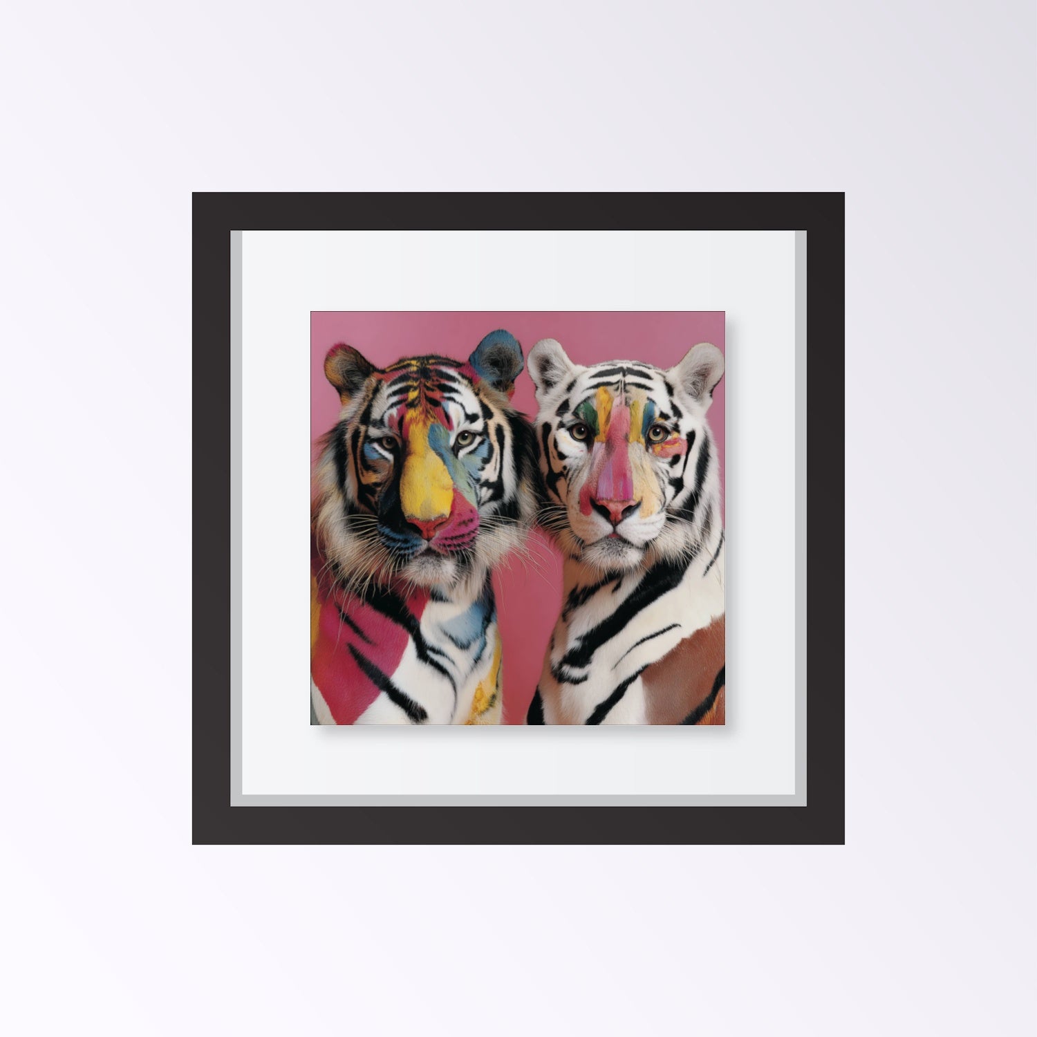Twin tigers modern wall art print — symmetrical safari wildlife artwork with pastel floral accents framed black