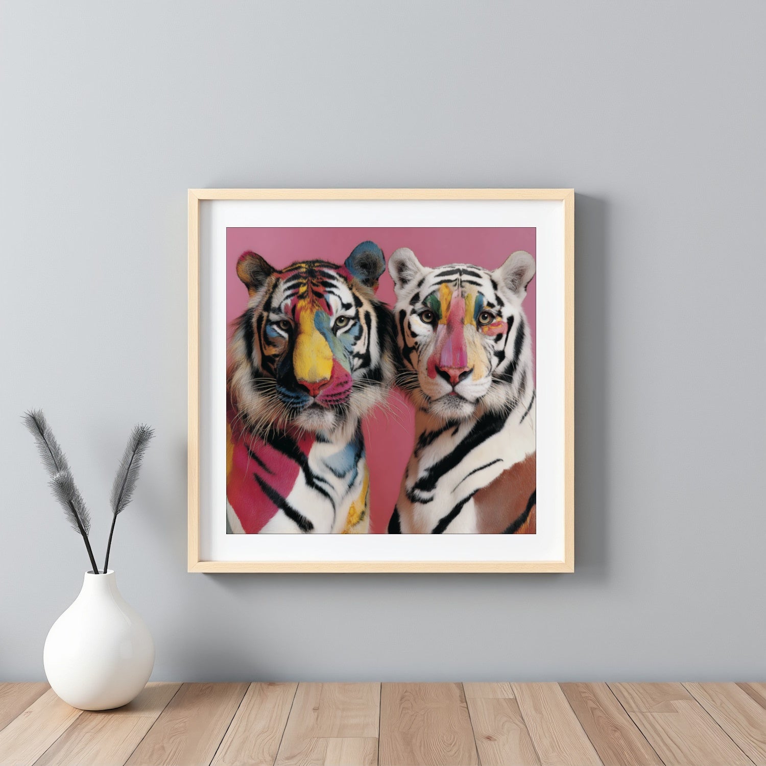 Twin tigers modern wall art print — symmetrical safari wildlife artwork with pastel floral accents framed white