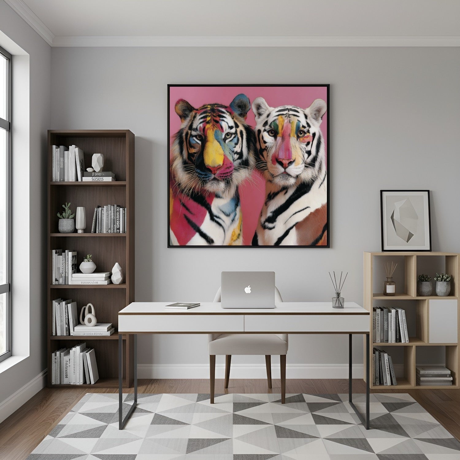 Twin tigers modern wall art print — symmetrical safari wildlife artwork with pastel floral accents in the home office