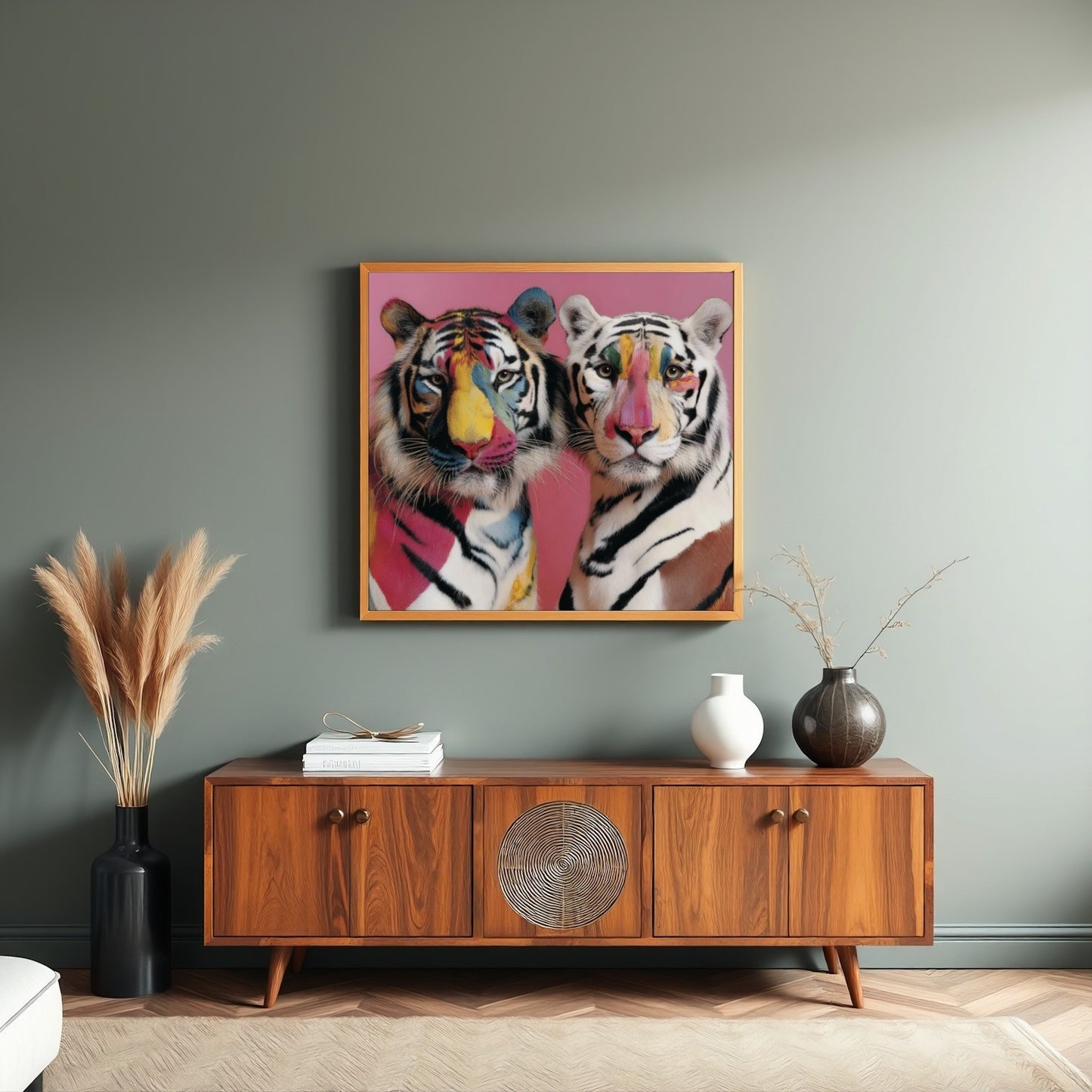 Twin tigers modern wall art print — symmetrical safari wildlife artwork with pastel floral accents in the living room
