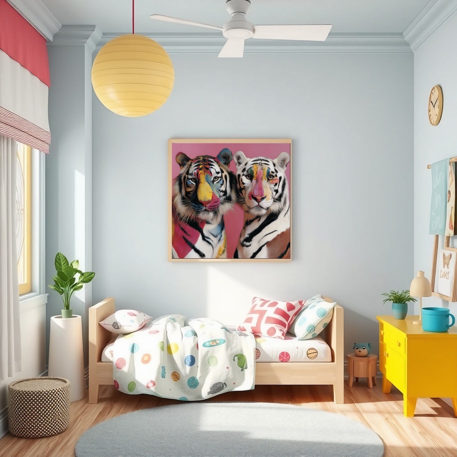 Twin tigers modern wall art print — symmetrical safari wildlife artwork with pastel floral accents in the nursery kids room