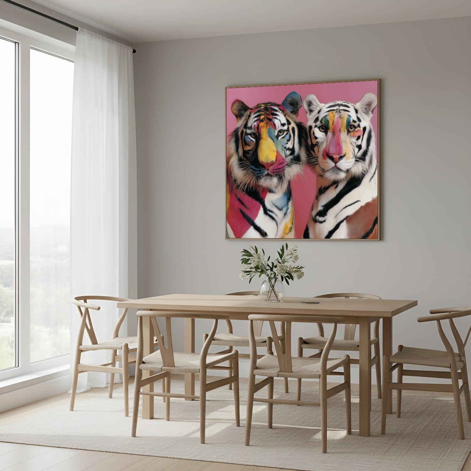 Twin tigers modern wall art print — symmetrical safari wildlife artwork with pastel floral accents in the Scandinavian  dining room 