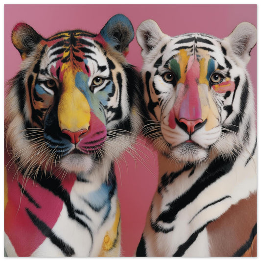 Twin tigers modern wall art print — symmetrical safari wildlife artwork with pastel floral accents close up