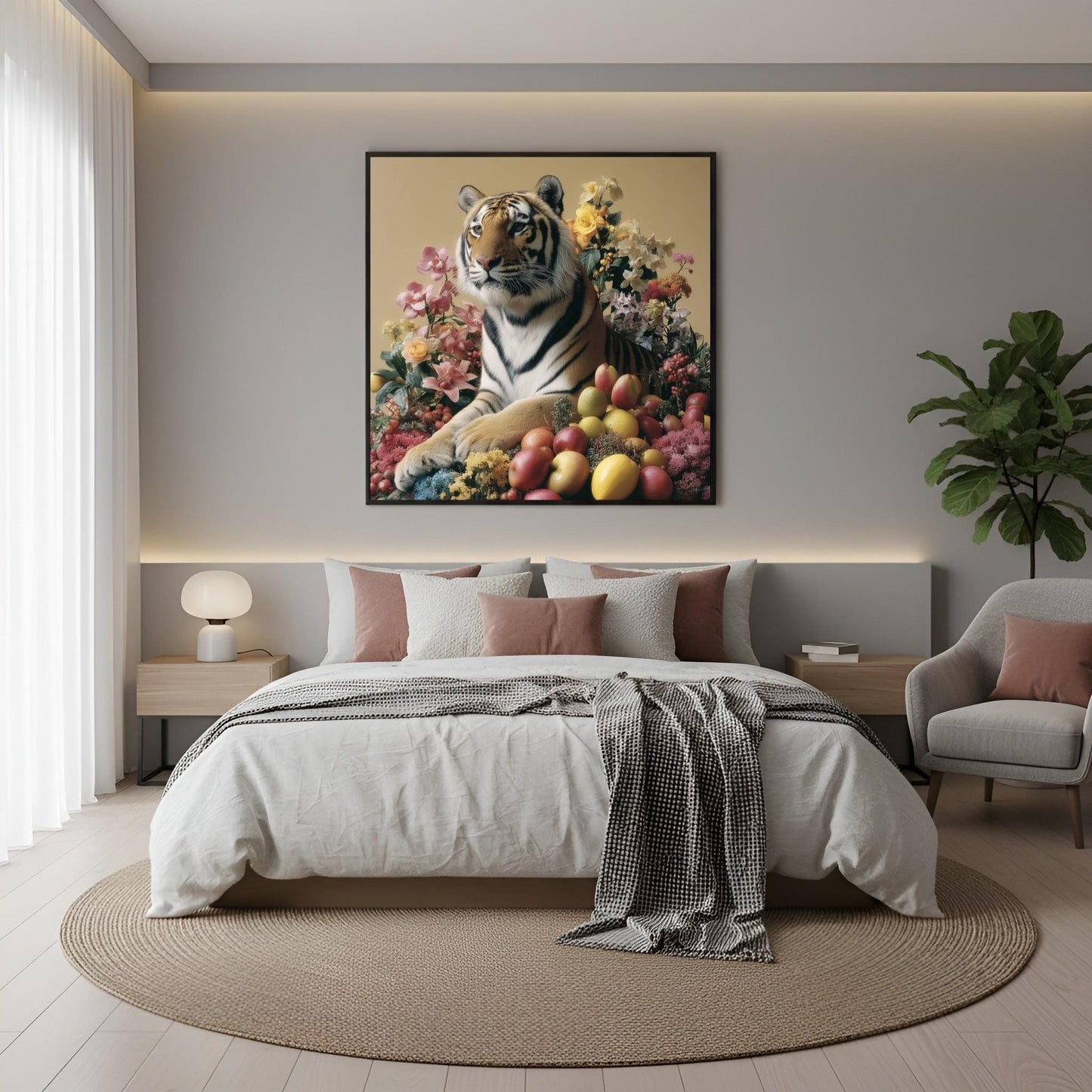 Tiger with fruits modern wall art print — pastel safari wildlife artwork with botanical and fruit accents in boho bedroom