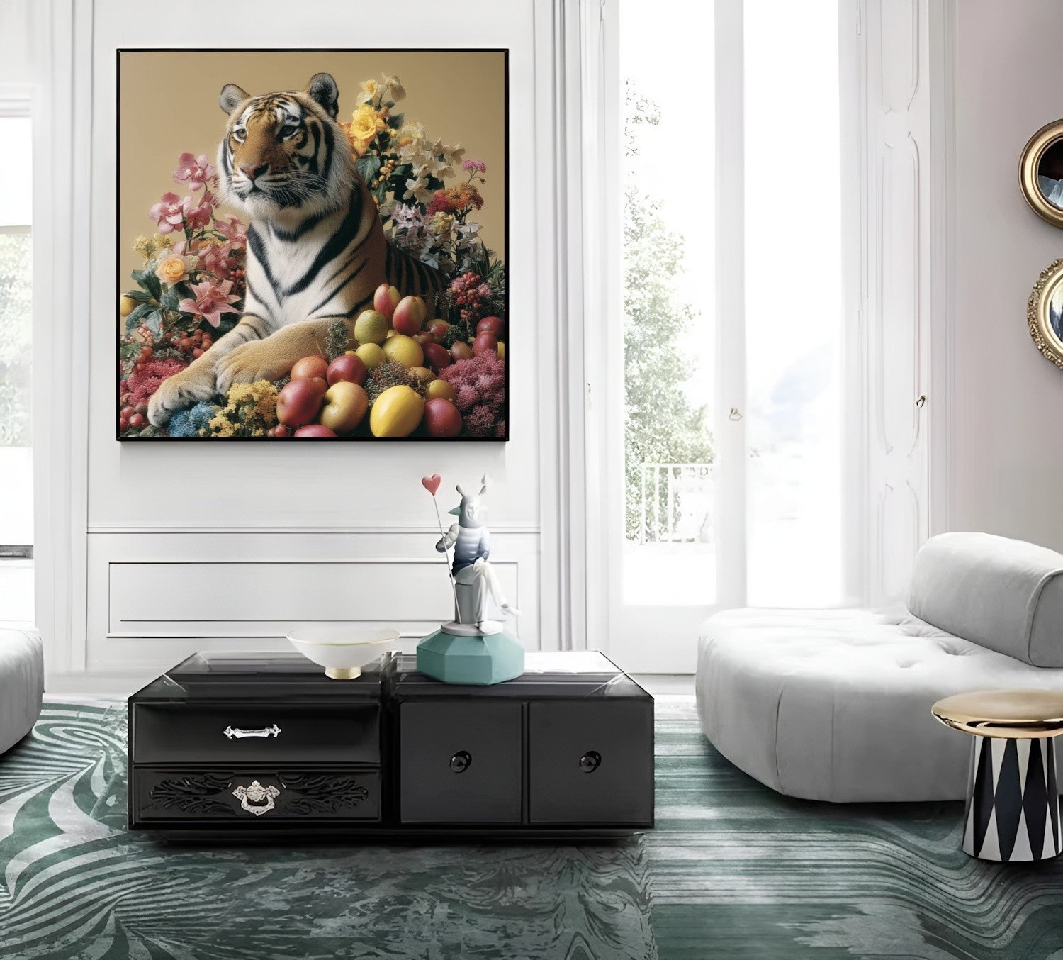 Tiger with fruits modern wall art print — pastel safari wildlife artwork with botanical and fruit accents in contemporary living room