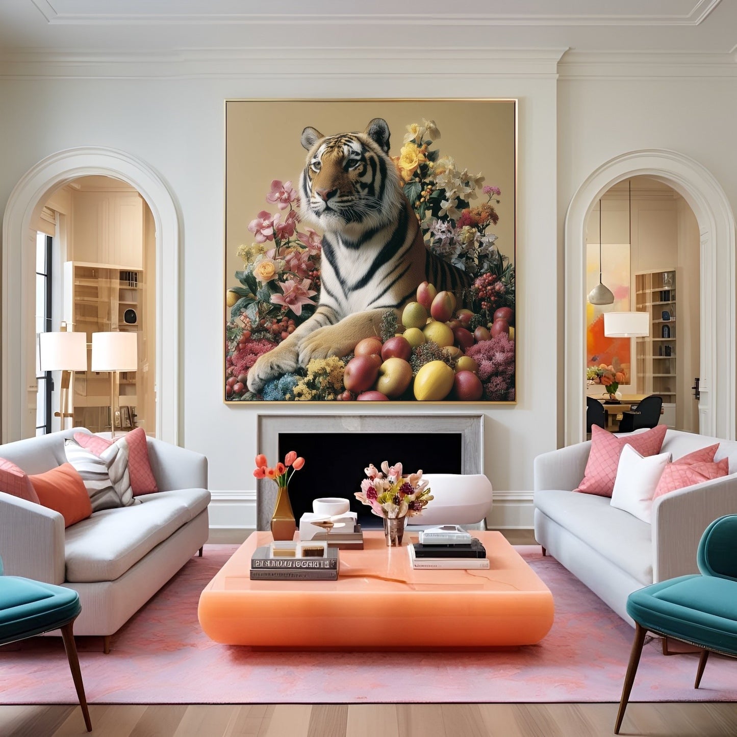 Tiger with fruits modern wall art print — pastel safari wildlife artwork with botanical and fruit accents close up in eclectic lounge
