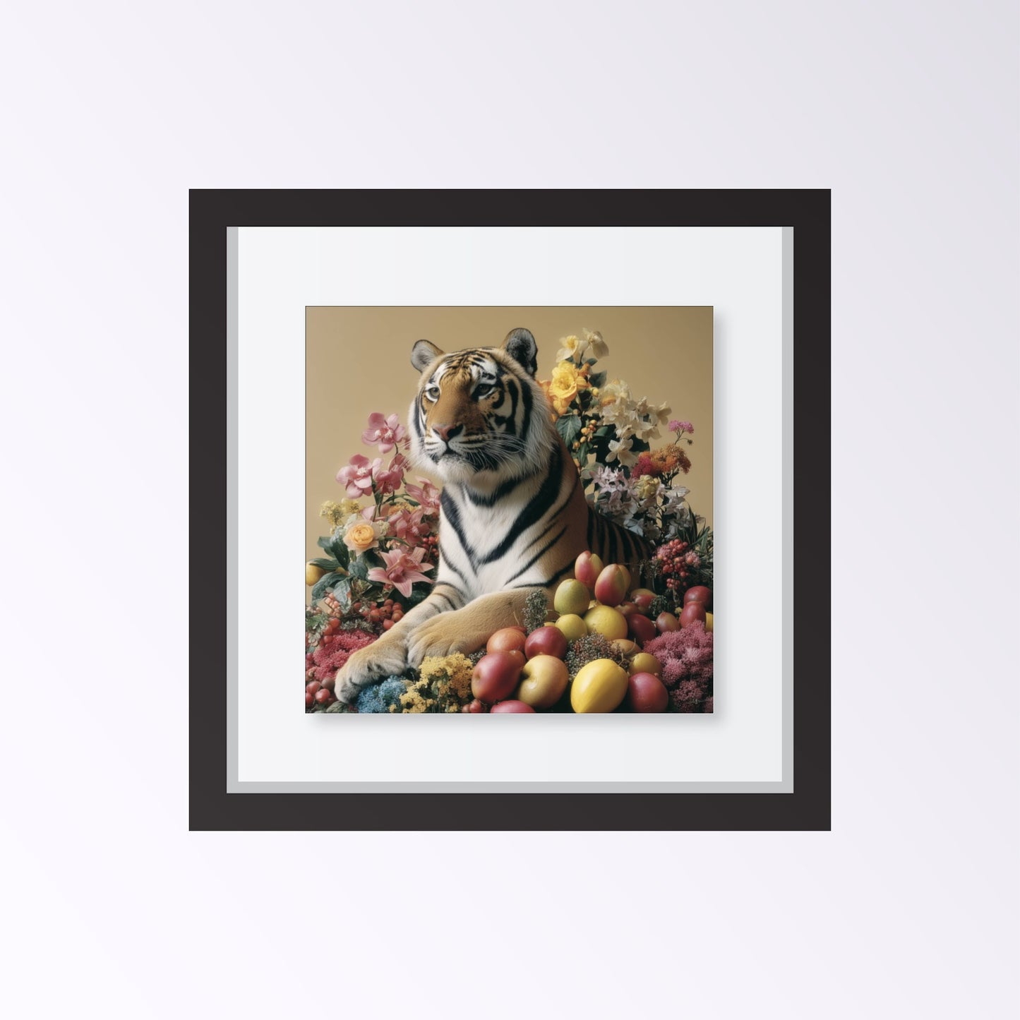 Tiger with fruits modern wall art print — pastel safari wildlife artwork with botanical and fruit accents close up framed black