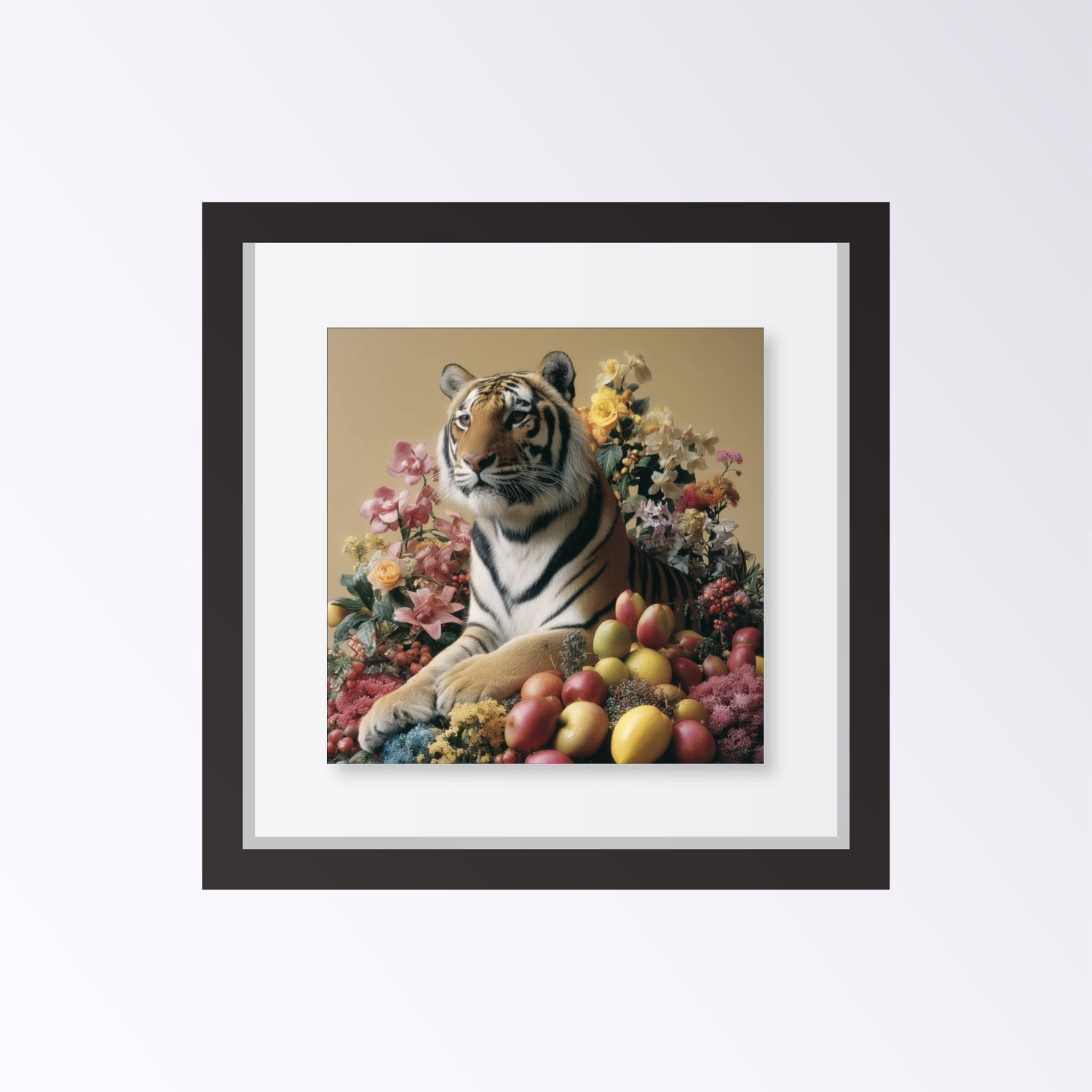 Tiger with fruits modern wall art print — pastel safari wildlife artwork with botanical and fruit accents close up framed black