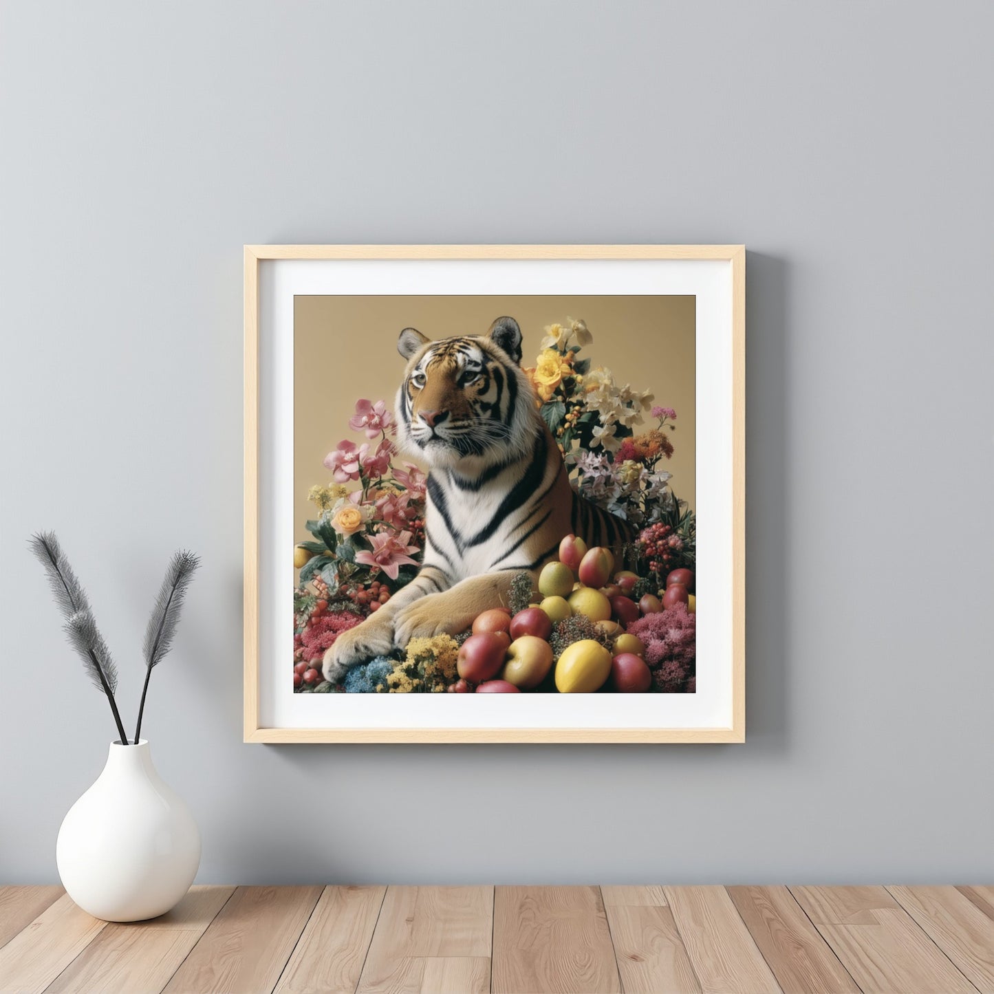 Tiger with fruits modern wall art print — pastel safari wildlife artwork with botanical and fruit accents close up framed white
