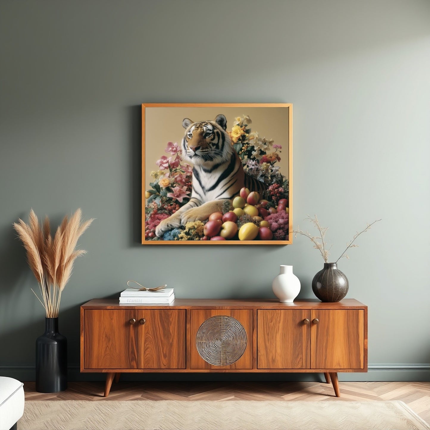 Tiger with fruits modern wall art print — pastel safari wildlife artwork with botanical and fruit accents close up in living room