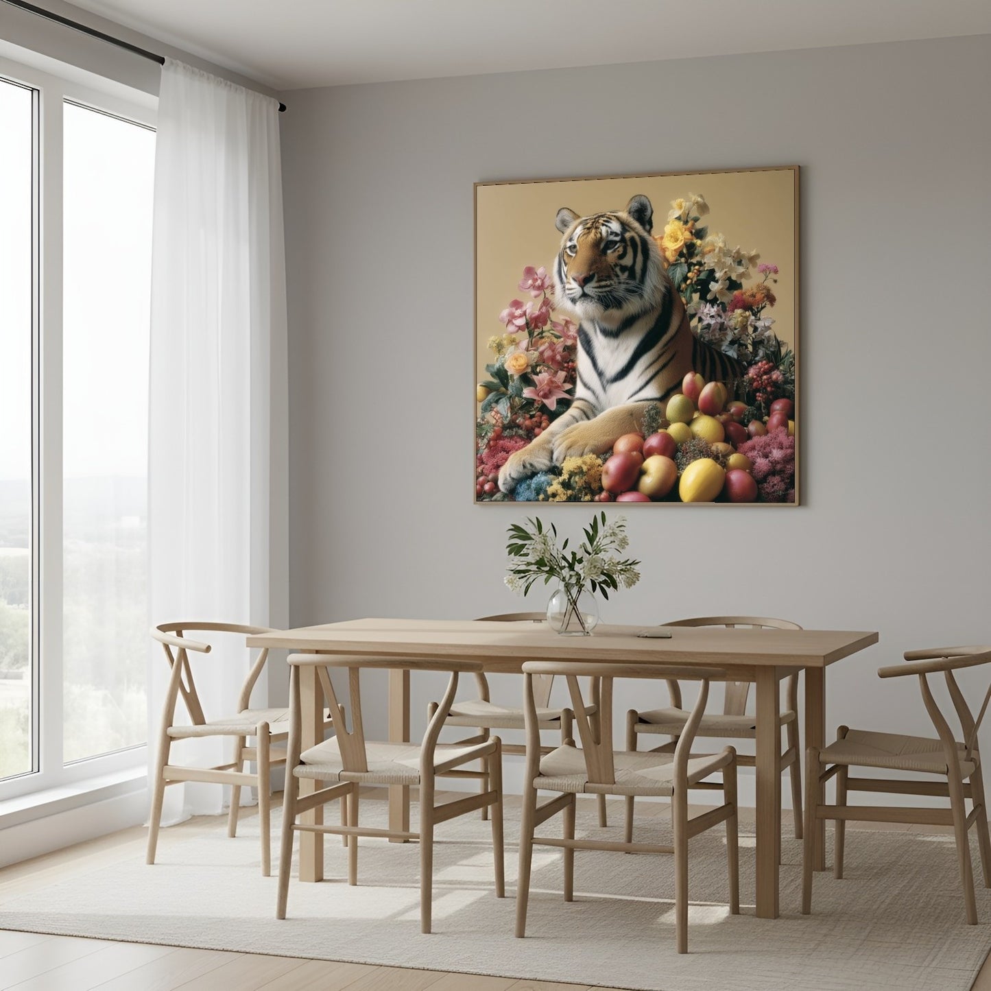 Tiger with fruits modern wall art print — pastel safari wildlife artwork with botanical and fruit accents in Scandinavian dining