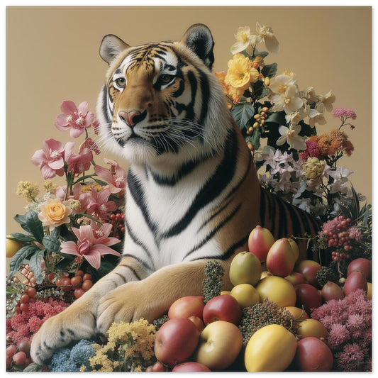 Tiger with fruits modern wall art print — pastel safari wildlife artwork with botanical and fruit accents close up