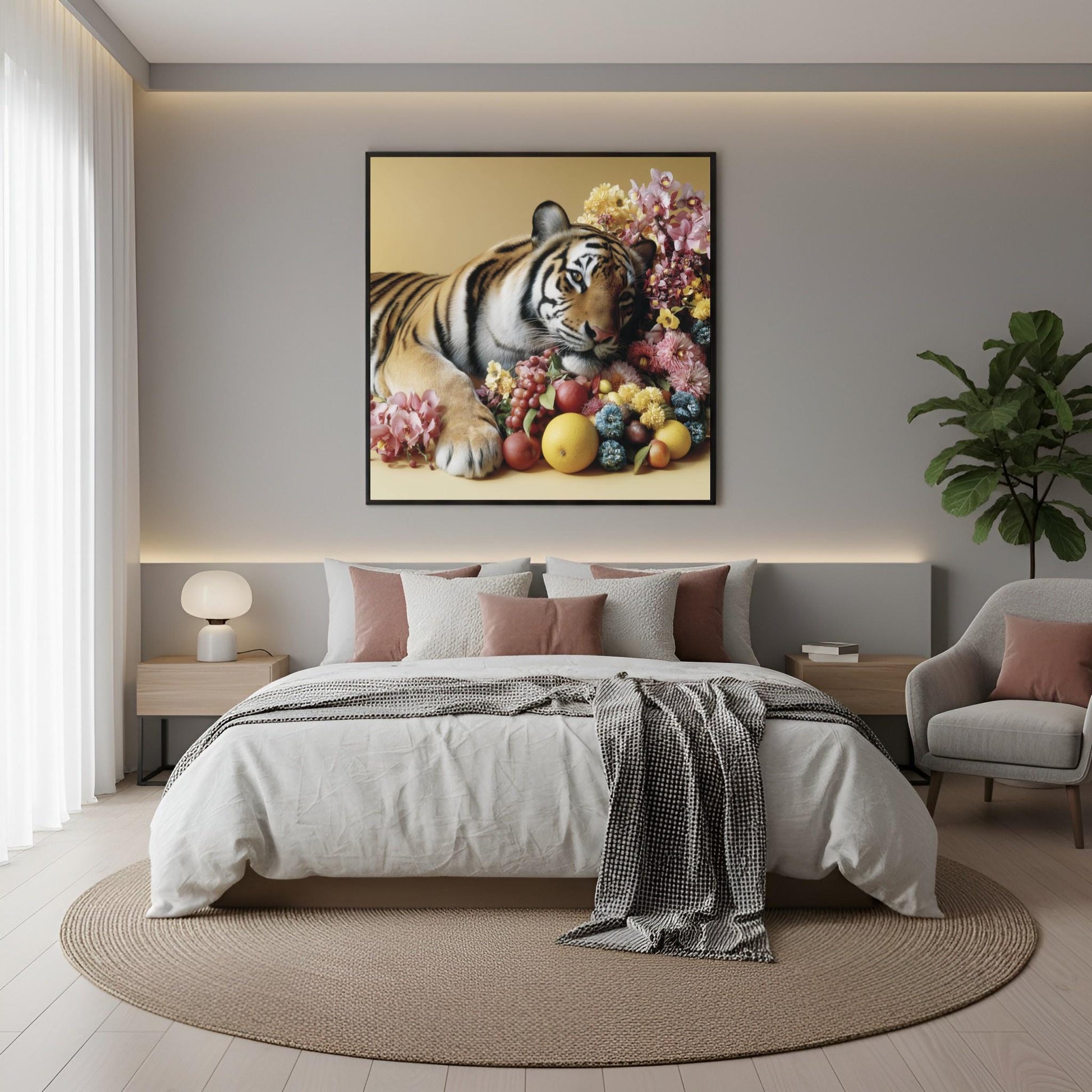 Resting tiger pastel wall art print — calm safari animal artwork blending wildlife strength and floral details in boho bedroom