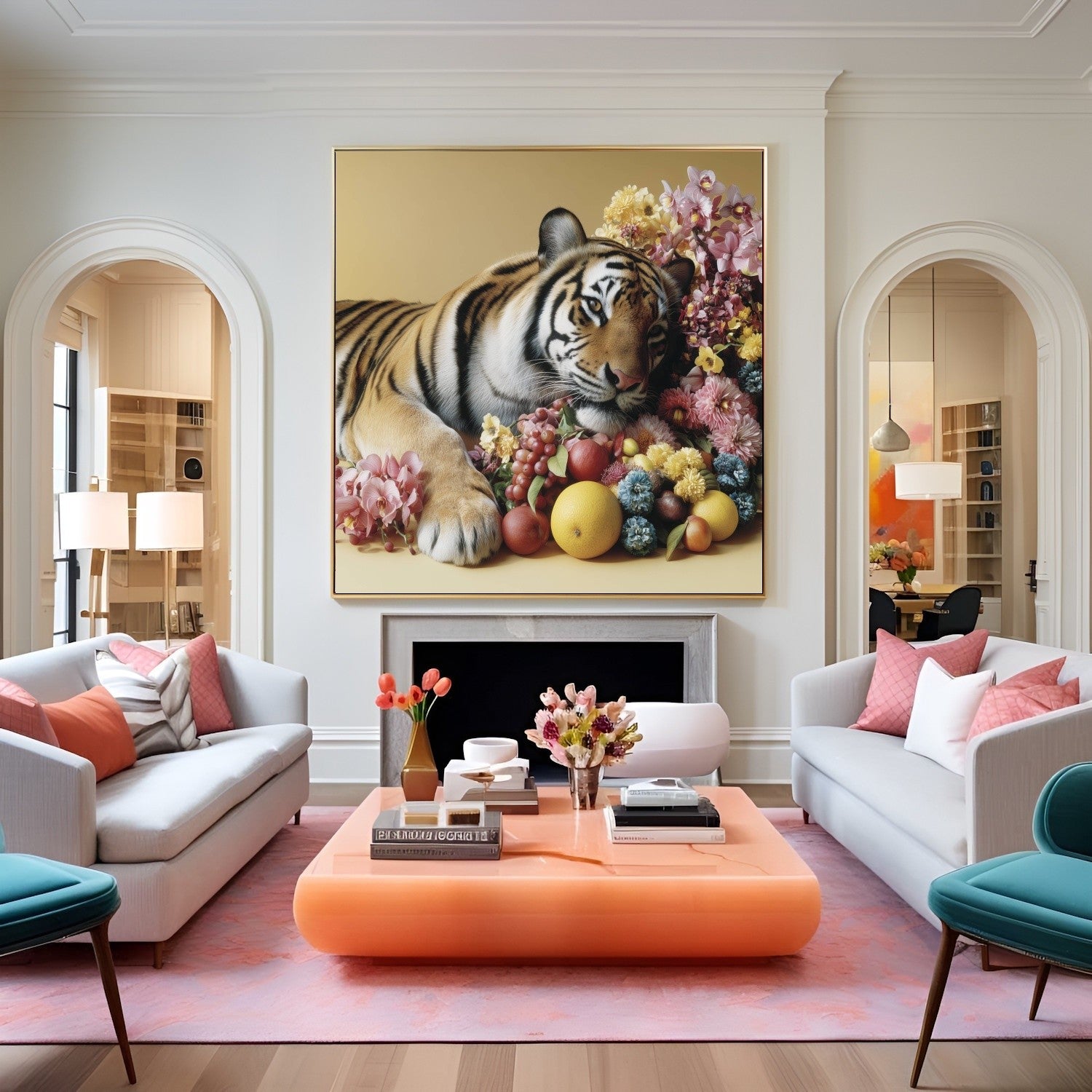 Resting tiger pastel wall art print — calm safari animal artwork blending wildlife strength and floral details in eclectic lounge