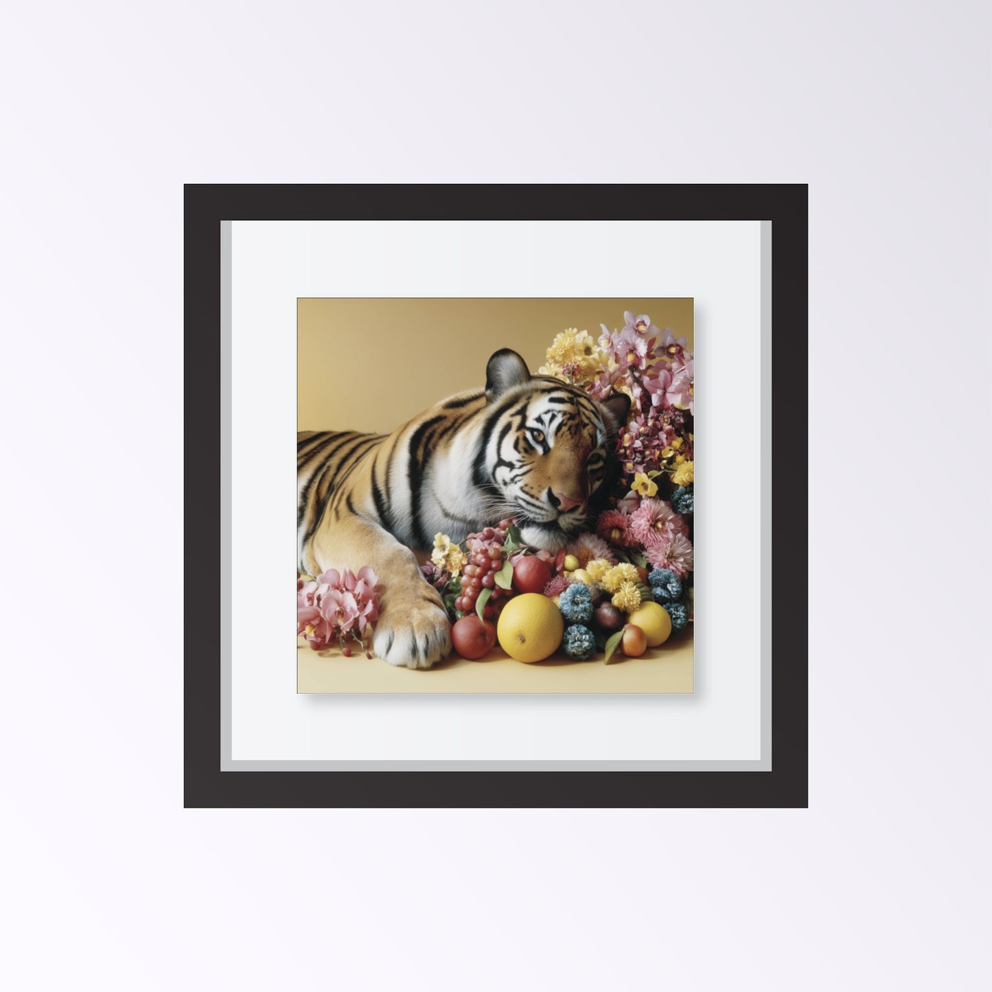 Resting tiger pastel wall art print — calm safari animal artwork blending wildlife strength and floral details framed black