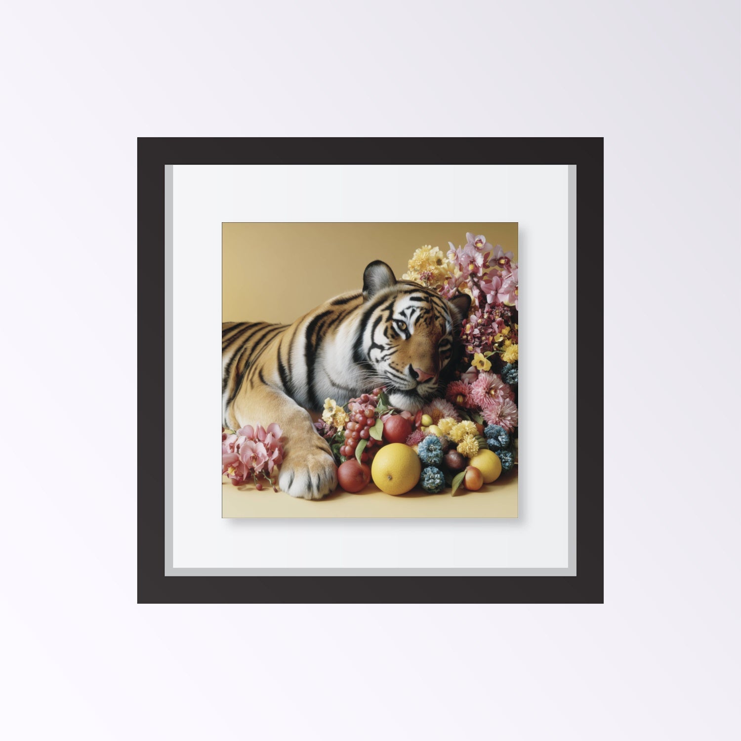 Resting tiger pastel wall art print — calm safari animal artwork blending wildlife strength and floral details framed black