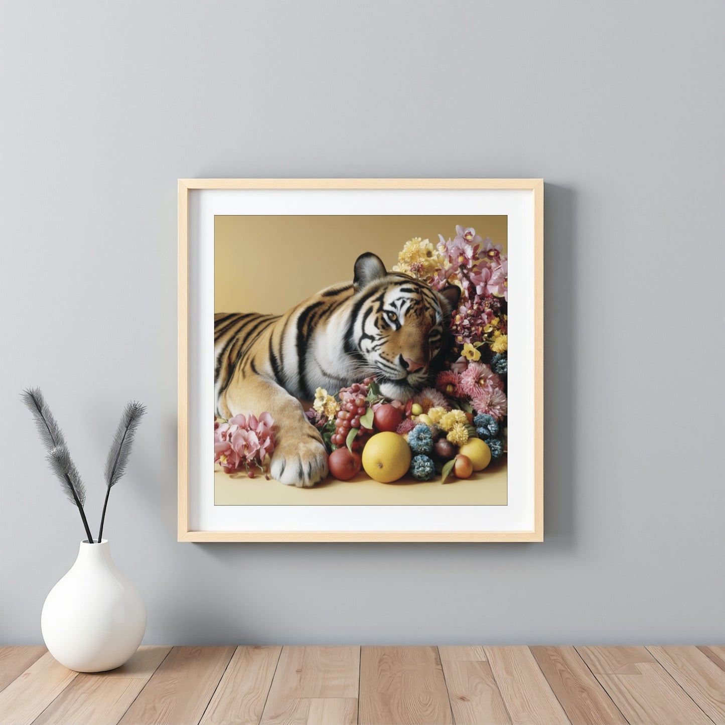 Resting tiger pastel wall art print — calm safari animal artwork blending wildlife strength and floral details framed white