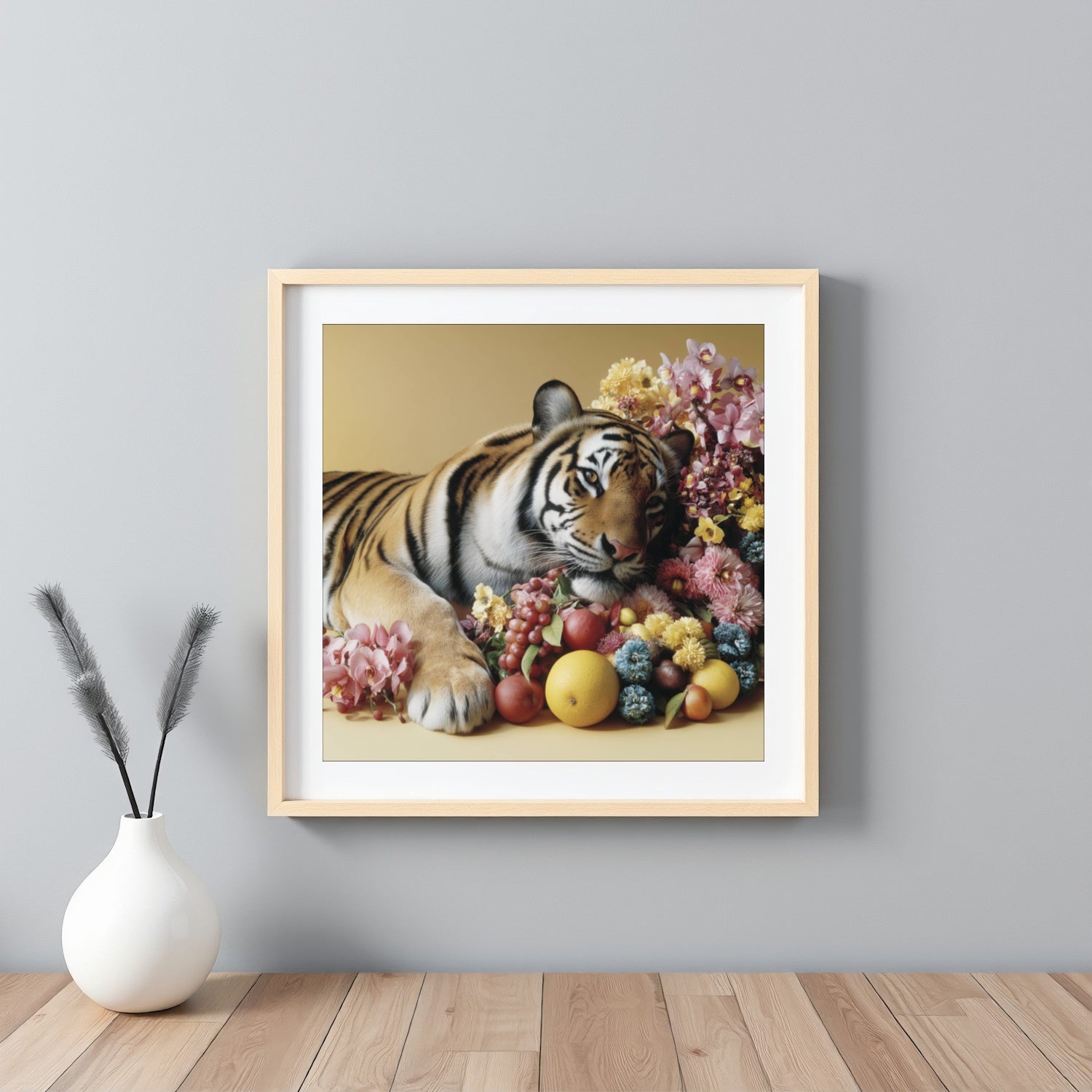 Resting tiger pastel wall art print — calm safari animal artwork blending wildlife strength and floral details framed white