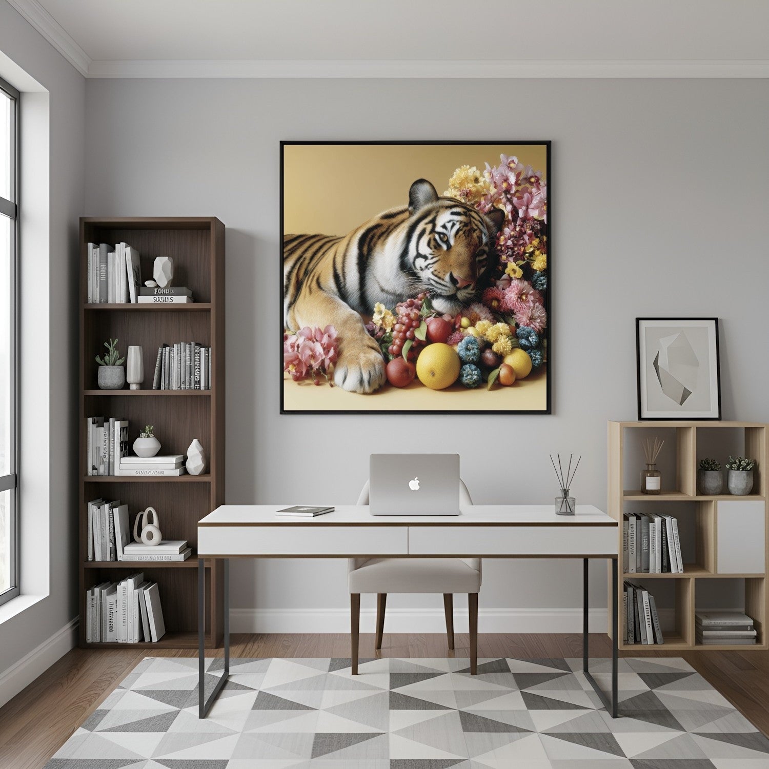 Resting tiger pastel wall art print — calm safari animal artwork blending wildlife strength and floral details in home office