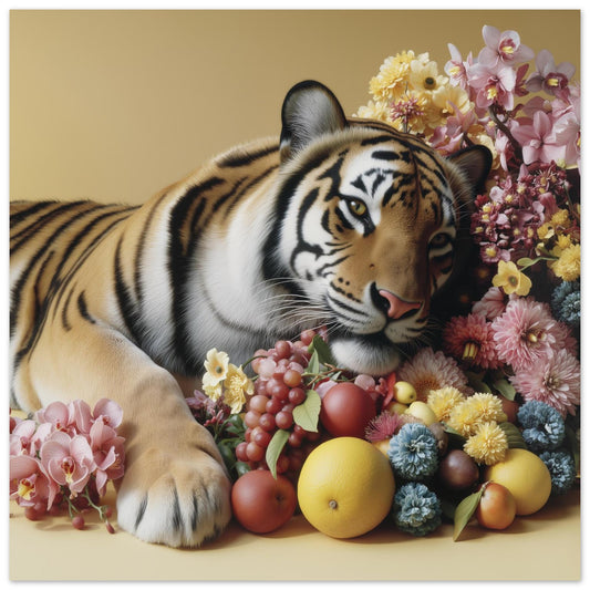 Resting tiger pastel wall art print — calm safari animal artwork blending wildlife strength and floral details close up