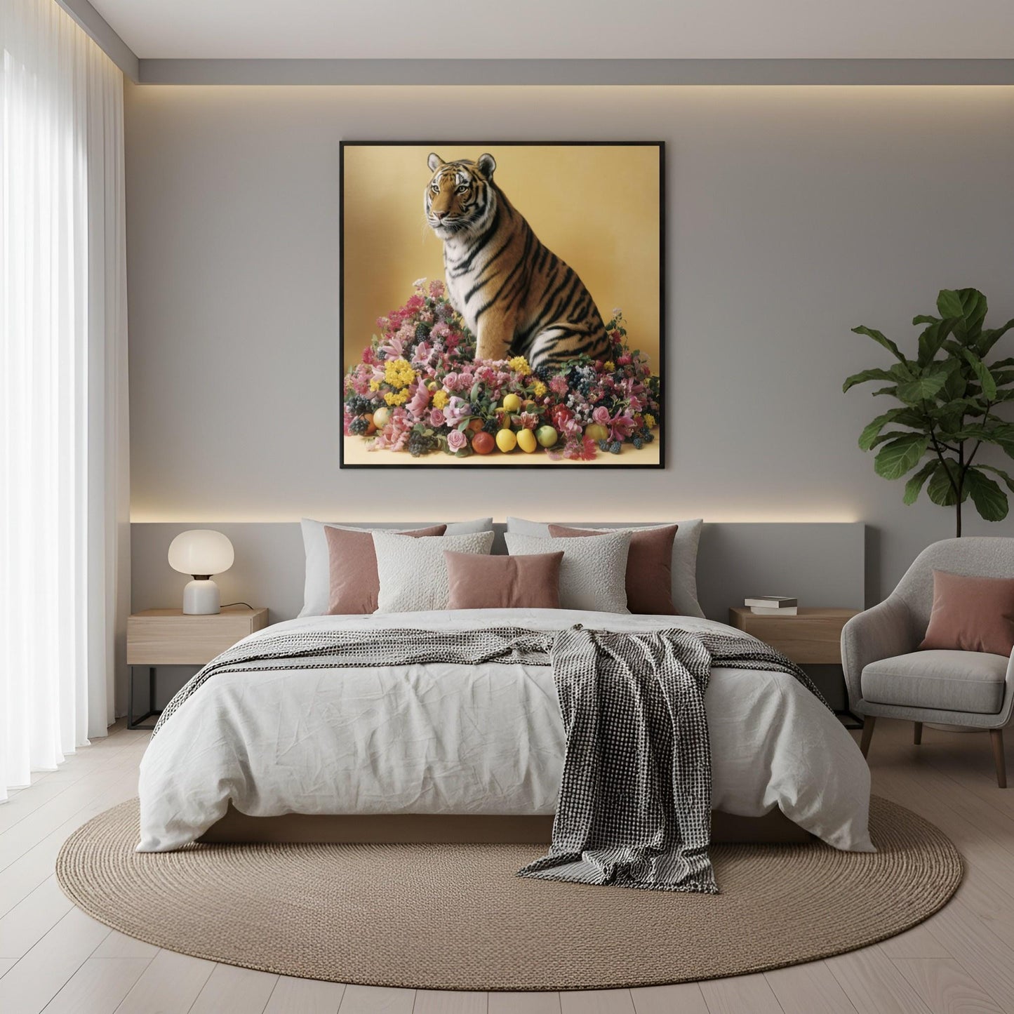 Pastel tiger with blossoms and fruit wall art print — safari wildlife artwork with botanical accents in boho bedroom