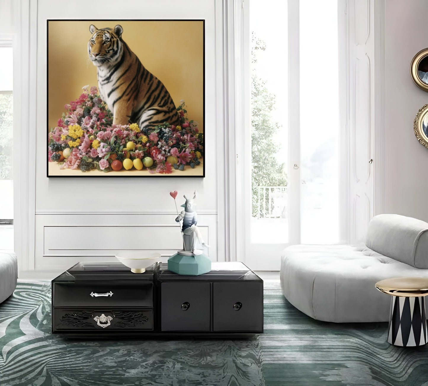 Pastel tiger with blossoms and fruit wall art print — safari wildlife artwork with botanical accents in contemporary living room