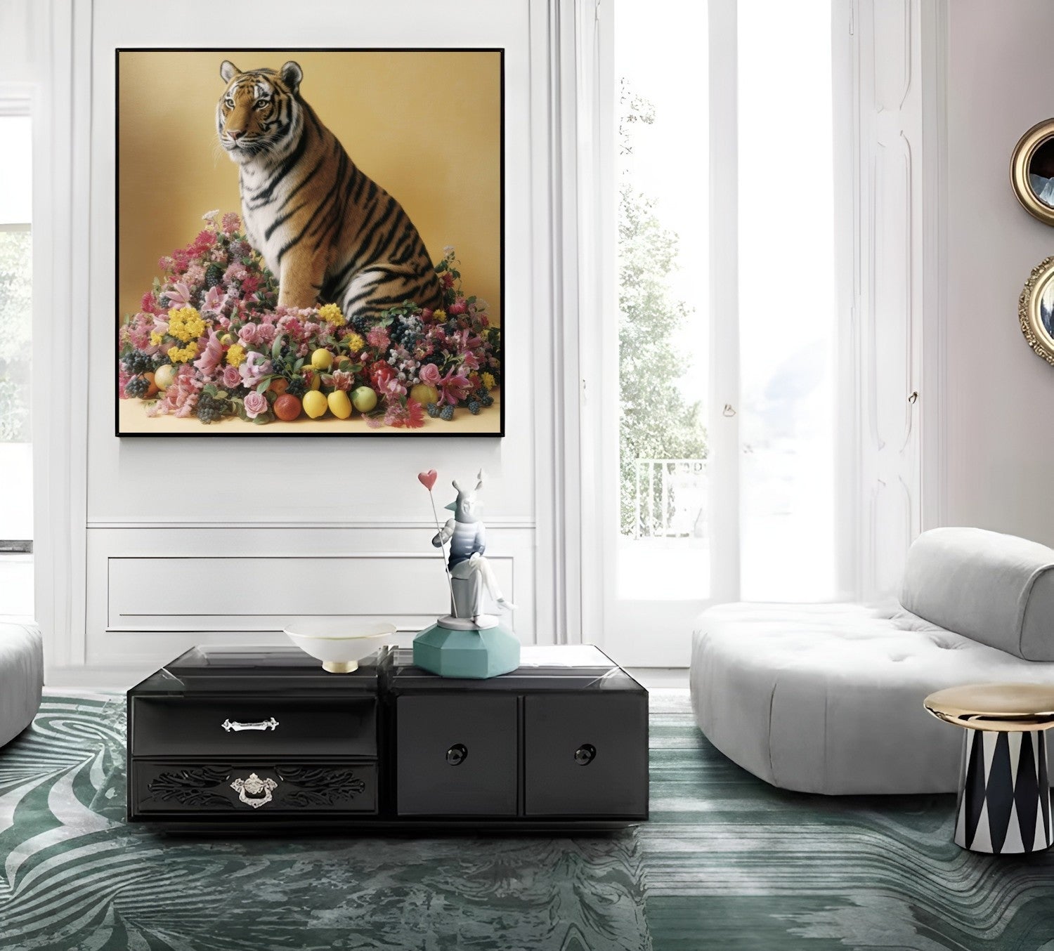 Pastel tiger with blossoms and fruit wall art print — safari wildlife artwork with botanical accents in contemporary living room