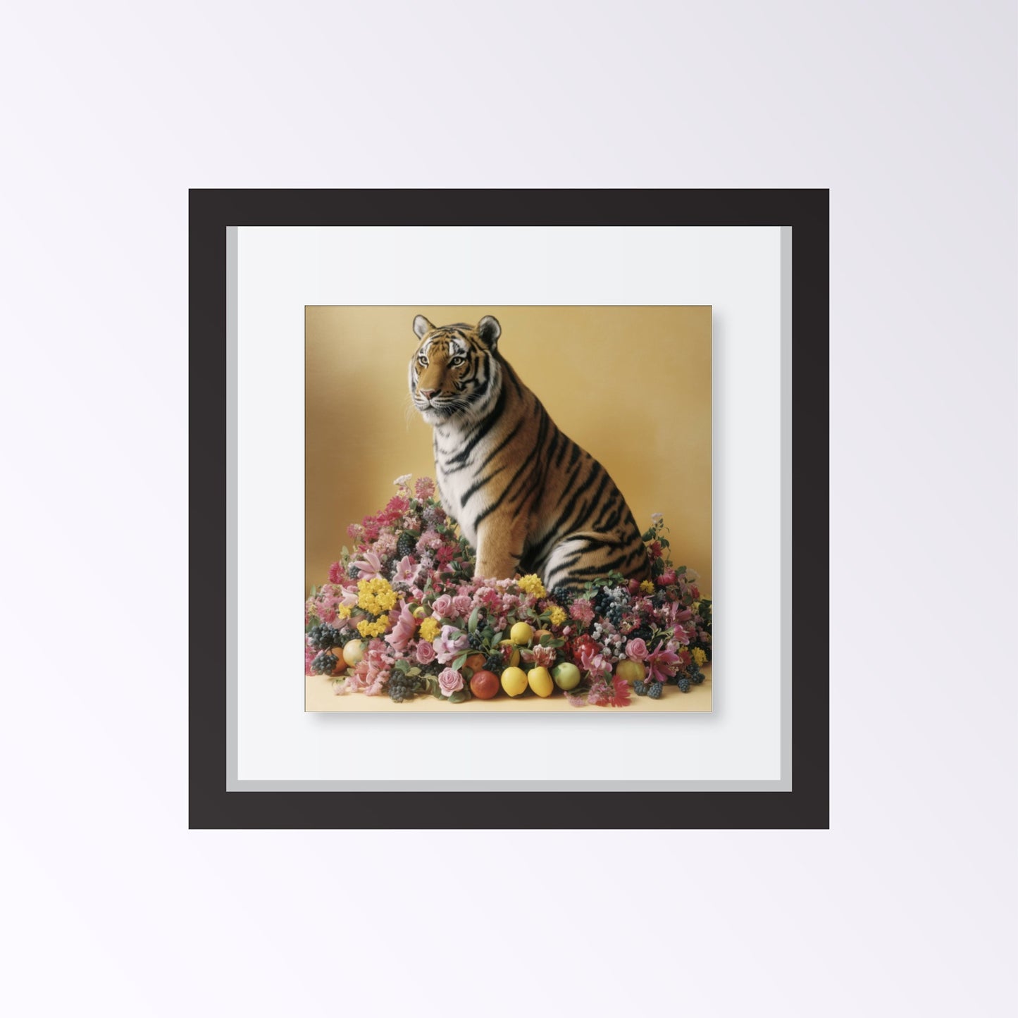 Pastel tiger with blossoms and fruit wall art print — safari wildlife artwork with botanical accents framed black