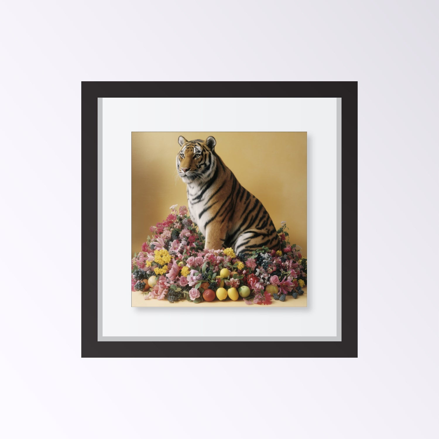 Pastel tiger with blossoms and fruit wall art print — safari wildlife artwork with botanical accents framed black
