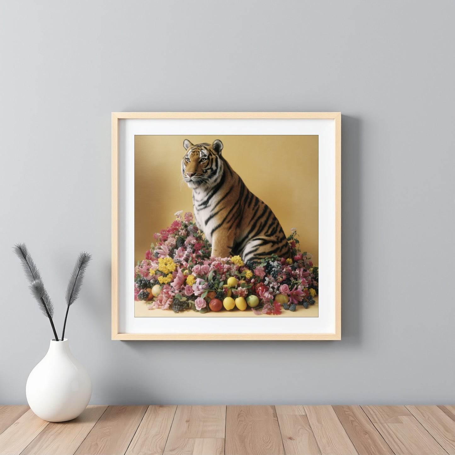 Pastel tiger with blossoms and fruit wall art print — safari wildlife artwork with botanical accents framed white