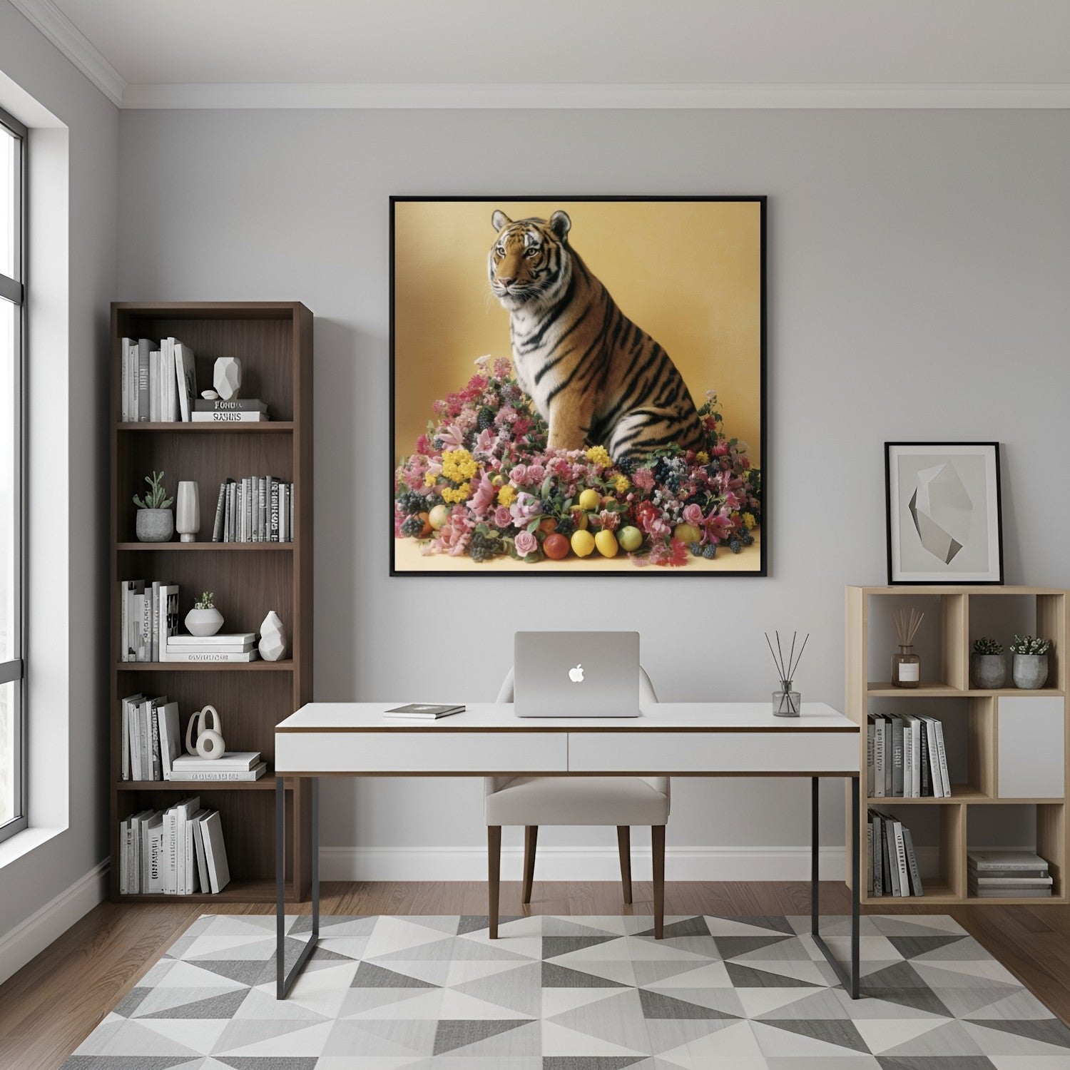 Pastel tiger with blossoms and fruit wall art print — safari wildlife artwork with botanical accents in home office