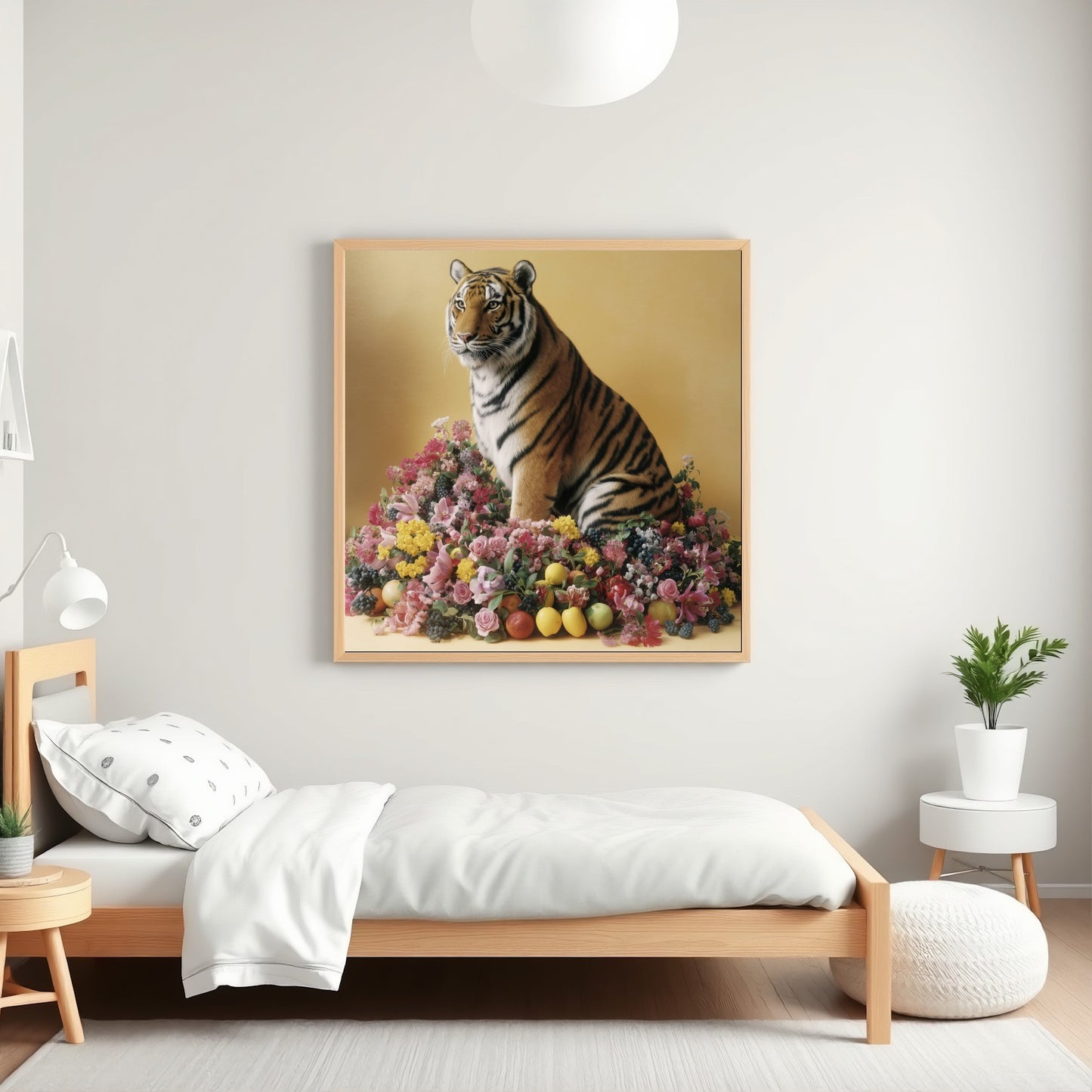 Pastel tiger with blossoms and fruit wall art print — safari wildlife artwork with botanical accents in kids room