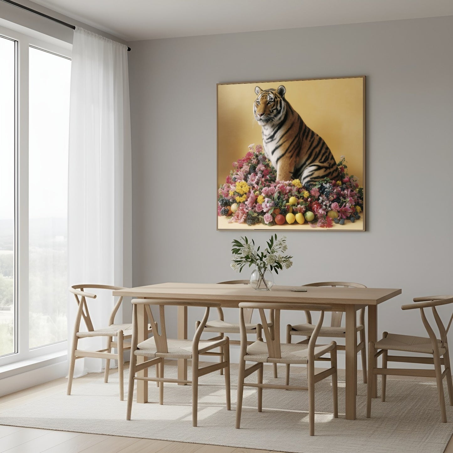 Pastel tiger with blossoms and fruit wall art print — safari wildlife artwork with botanical accents in Scandinavian dining room 