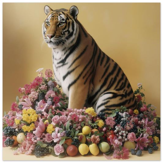 Pastel tiger with blossoms and fruit wall art print — safari wildlife artwork with botanical accents close up