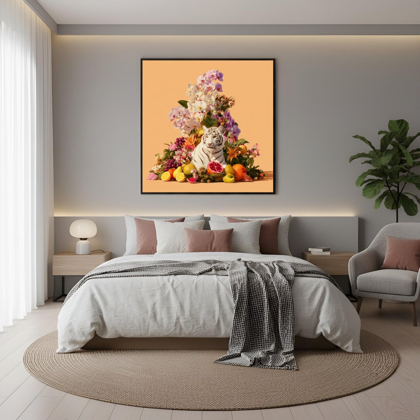 Tiger in orchids modern abstract wall art print — safari wildlife artwork with pastel botanical design in boho bedroom