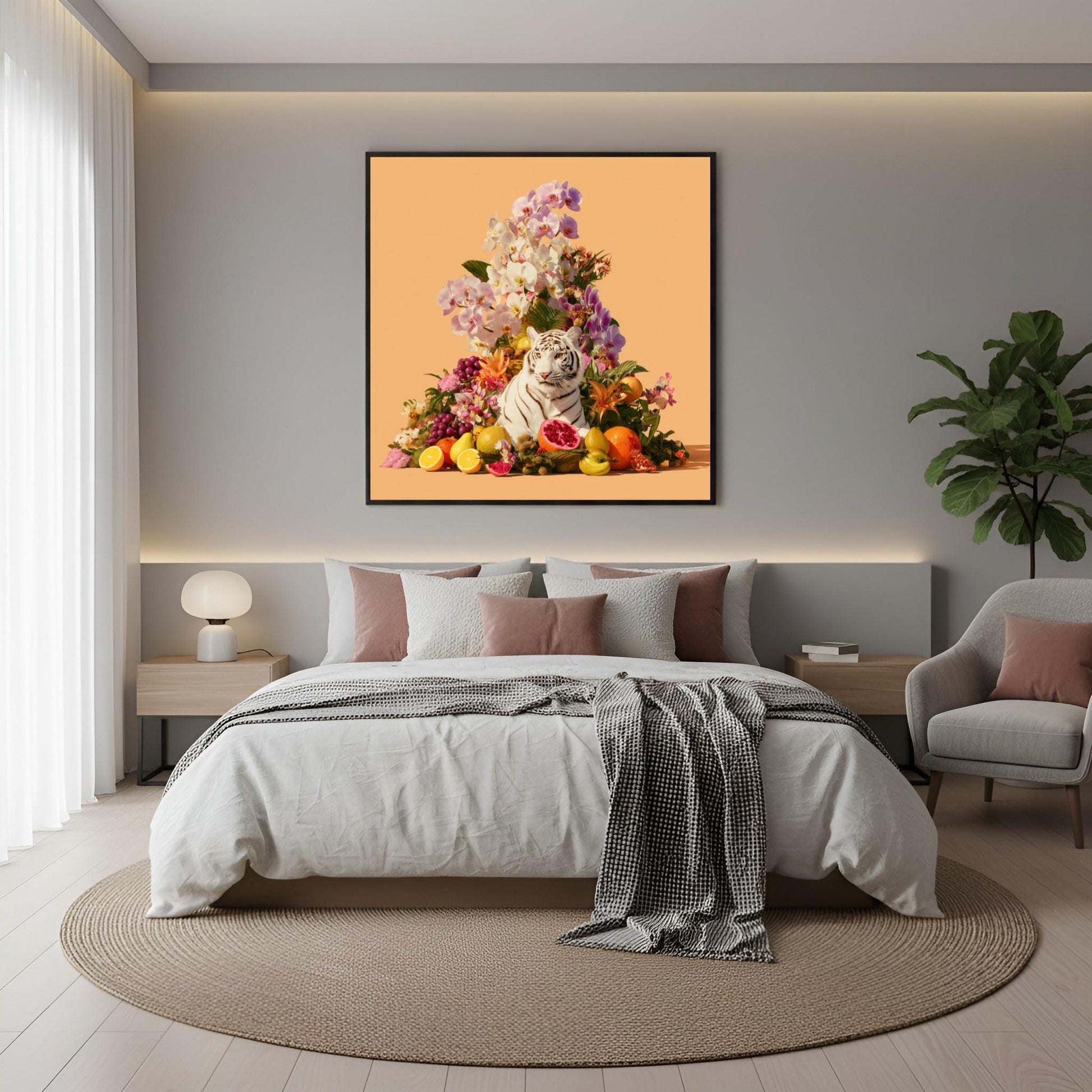 Tiger in orchids modern abstract wall art print — safari wildlife artwork with pastel botanical design in boho bedroom