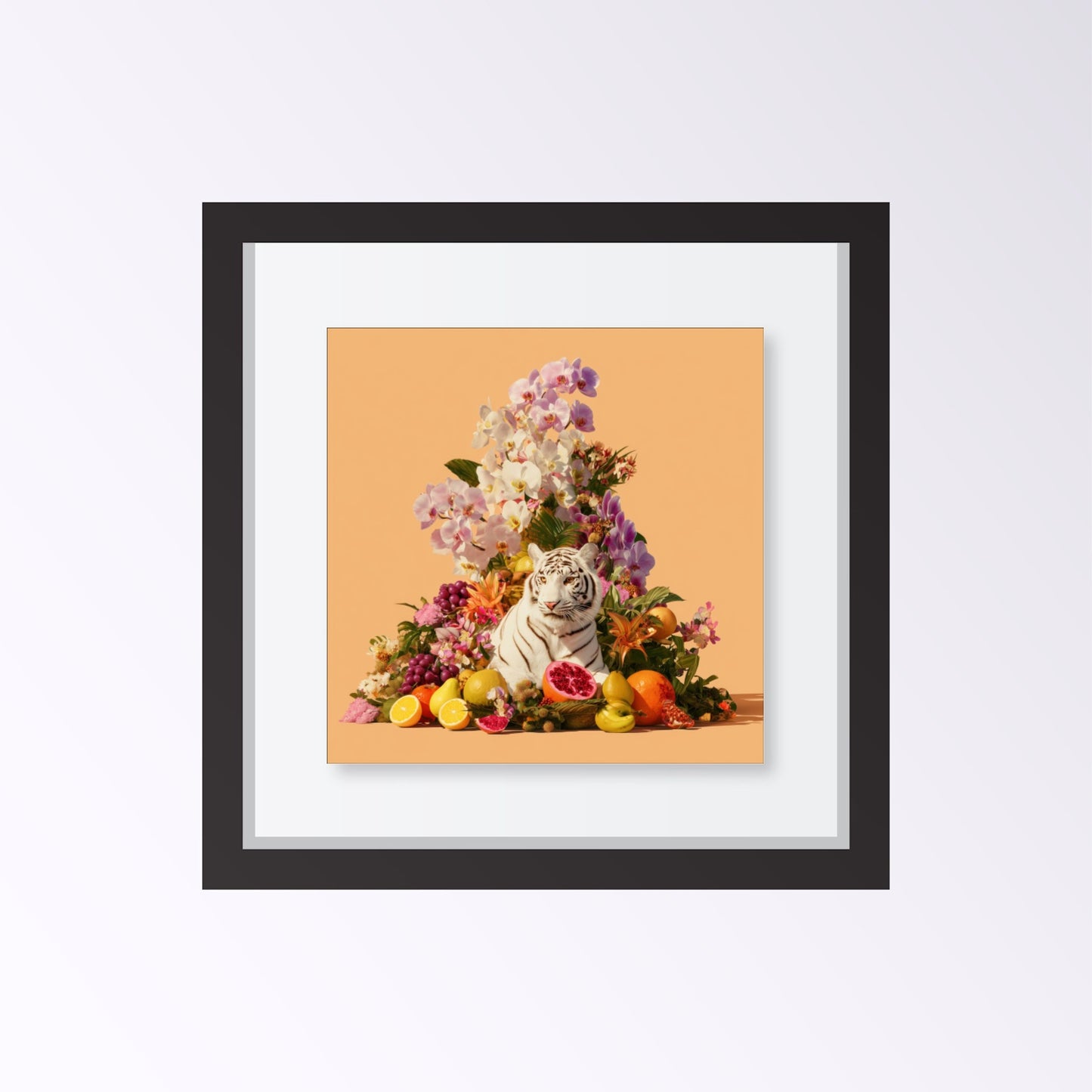 Tiger in orchids modern abstract wall art print — safari wildlife artwork with pastel botanical design framed black