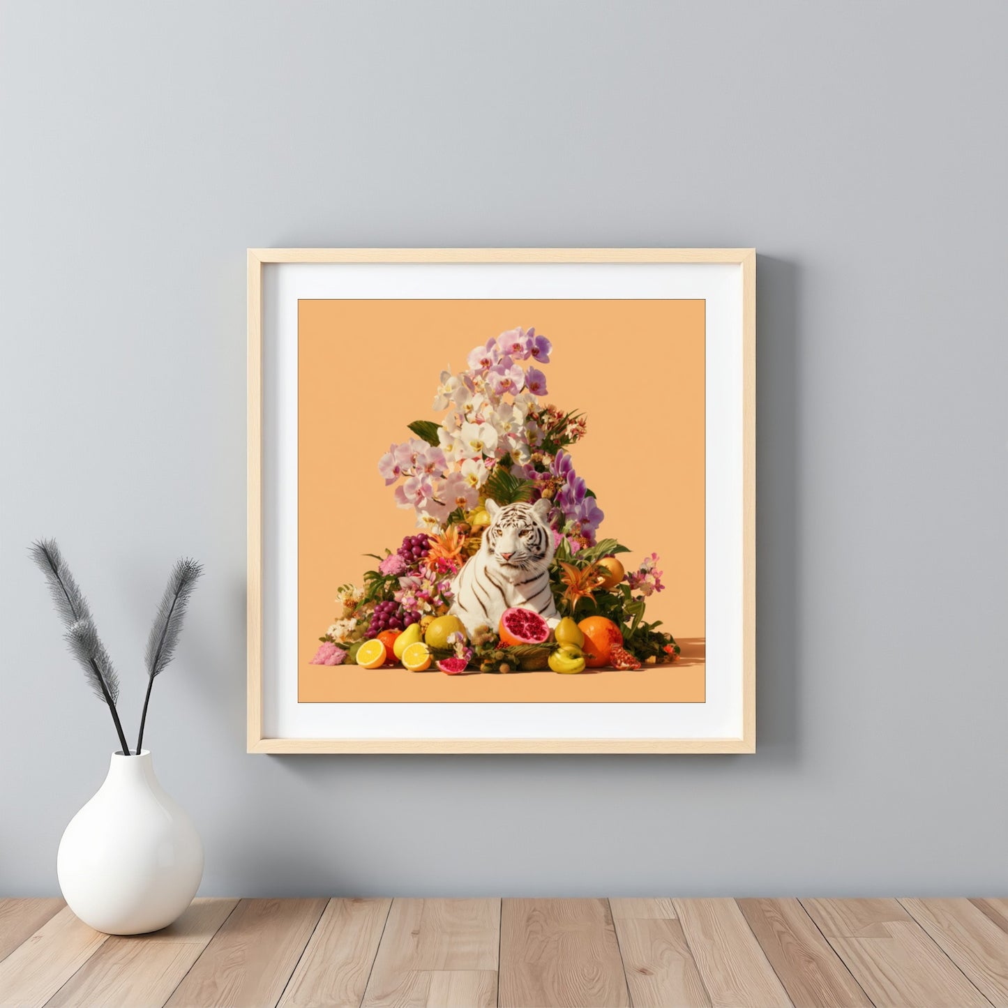 Tiger in orchids modern abstract wall art print — safari wildlife artwork with pastel botanical design framed white