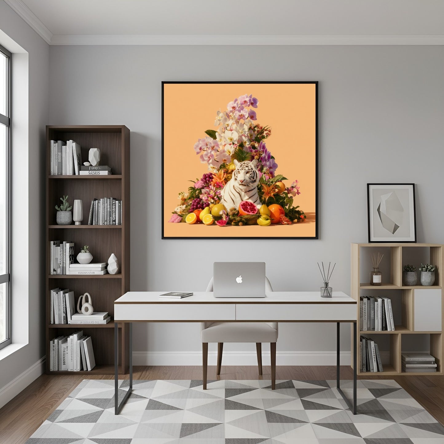 Tiger in orchids modern abstract wall art print — safari wildlife artwork with pastel botanical design in home office