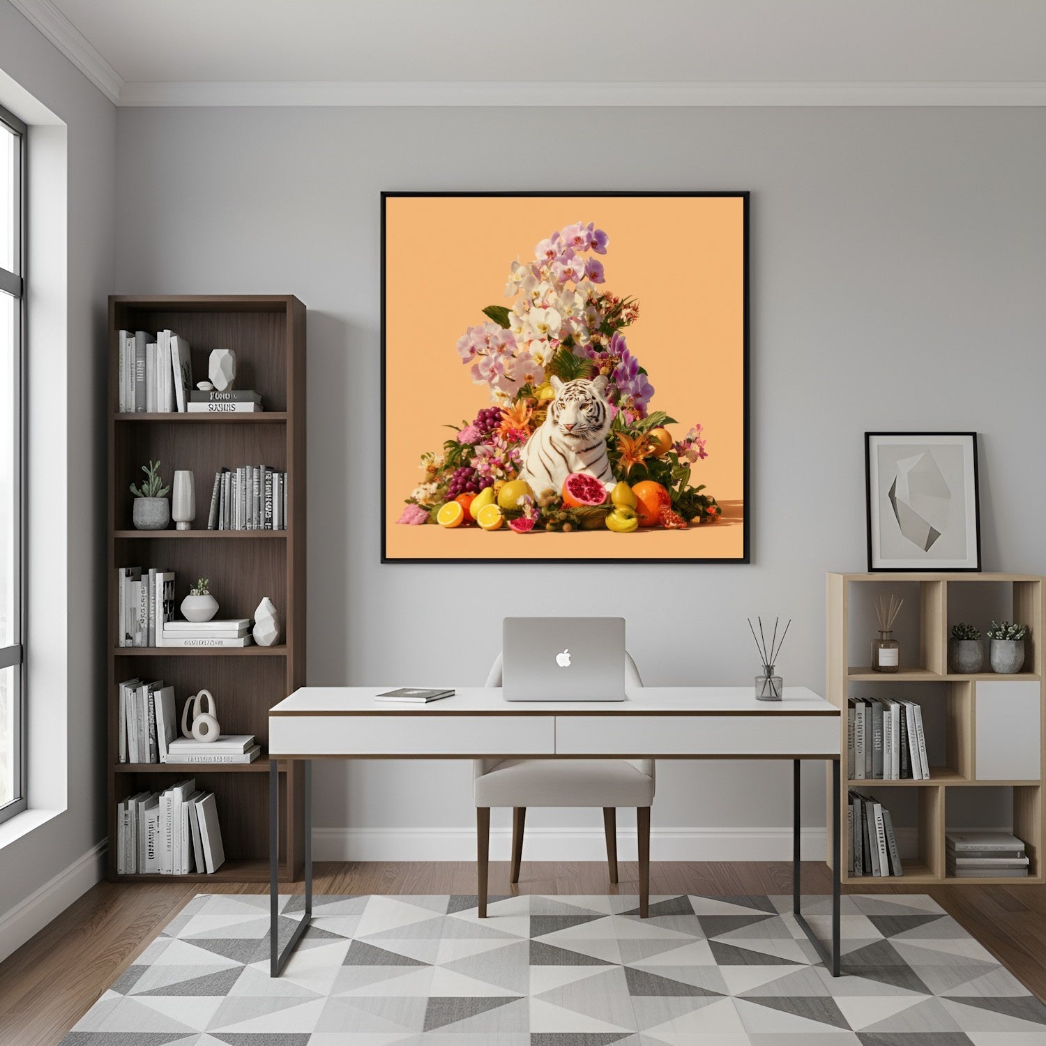 Tiger in orchids modern abstract wall art print — safari wildlife artwork with pastel botanical design in home office